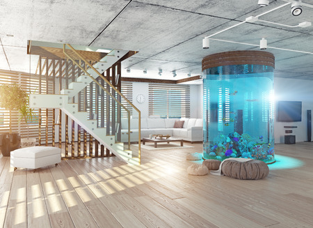 The modern loft interior with aquarium. 3d conceptの写真素材