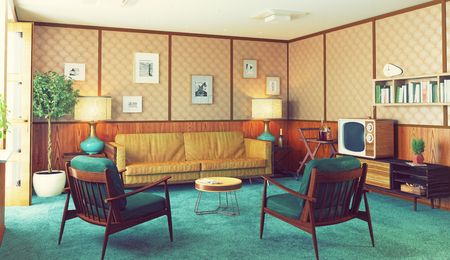 beautiful vintage interior. wooden walls concept. 3d renderingの写真素材