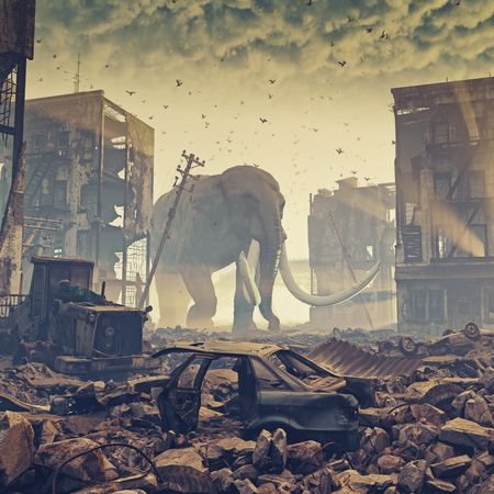 giant elephant in destroyed city. creative concept. 3d concept. Noise addedの写真素材