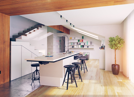 modern attic kitchen interior. 3D concept illustrationの写真素材