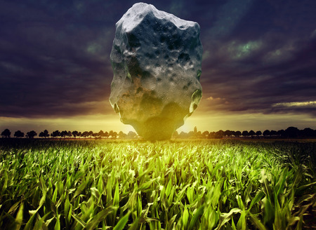 Giant meteorite over the night corn field. 3d rendering and photo elements illustration.の写真素材