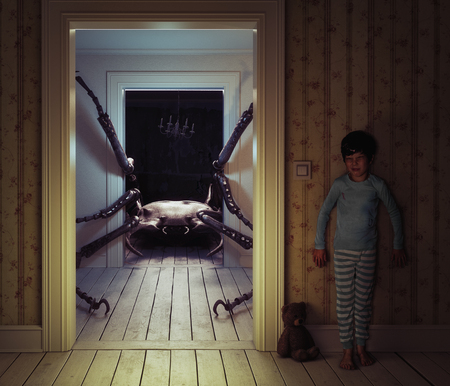 Monster in the kids room. 3d illustration and photo elements conceptの写真素材