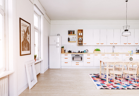 modern kitchen interior. Scandinavian style design. 3d rendering conceptの写真素材