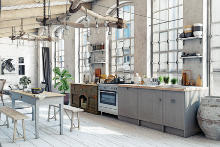Attic loft kitchen interior. 3d rendering conceptの写真素材