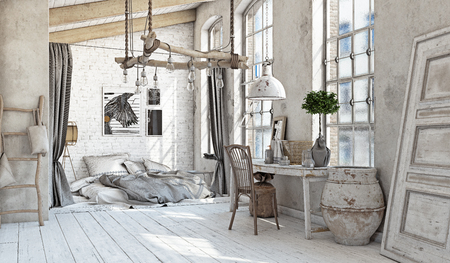 Scandinavian style interior. Bedroom attic. 3d renderingの写真素材
