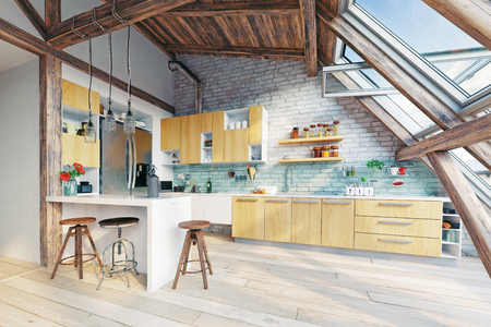 modern attic kitchen  interior. 3d rendering conceptの写真素材