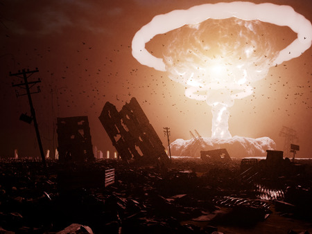 nuclear explosion over the destroyed city. 3d rendering concept. Noise and grain addedの素材 [FY310109772372]