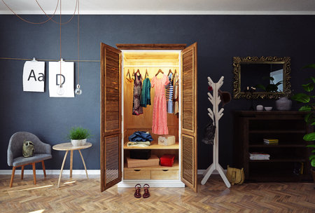 Home closet with open doors interior. 3d rendering design conceptの写真素材
