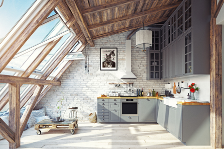 Modern attic kitchen interior. 3d rendering design conceptの写真素材