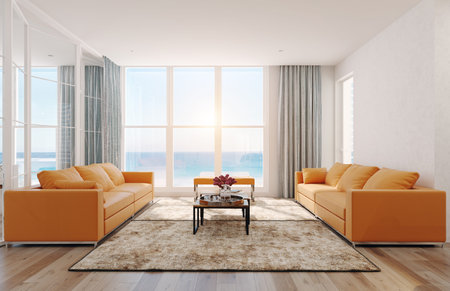 Modern  sea view living room interior. 3d rendering design concept