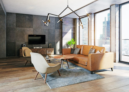 modern living room of an apartment interior. 3d rendering design conceptの写真素材