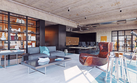 modern loft office interior, 3d rendering business concept design
