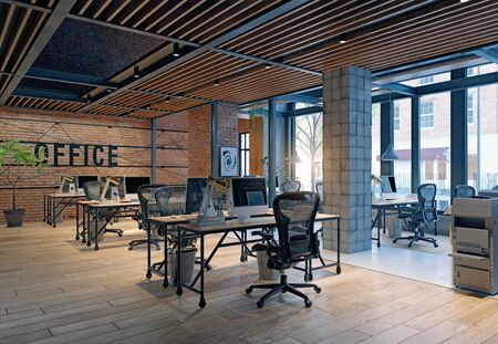 contemporary loft office interior. 3d rendering design conceptの写真素材