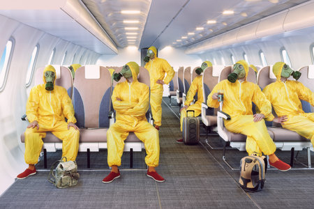 Gas mask people in the airplane interior.