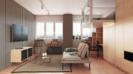 compact apartment design concept. 3d interior renderingの写真素材
