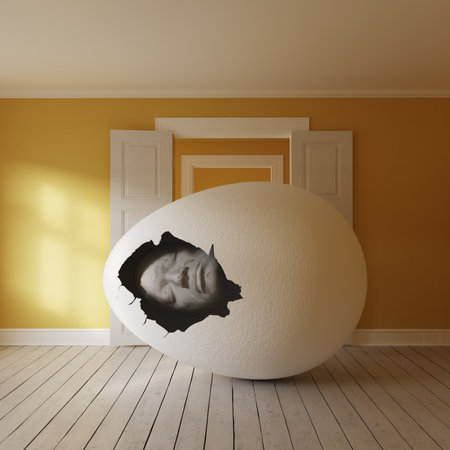 Egg with man inside isolated on gray backgroundの写真素材