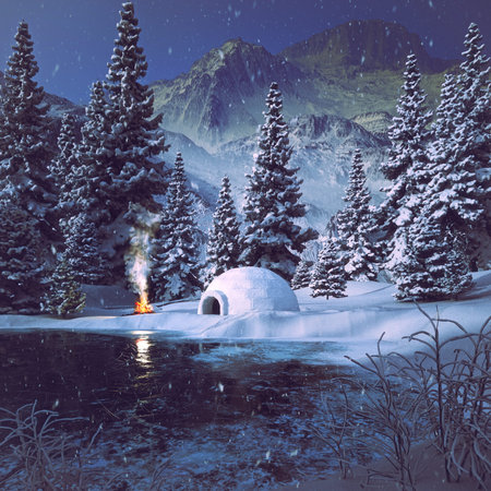 Real snow igloo house in the winter mountains. Snow-covered firs on the backgroundの写真素材