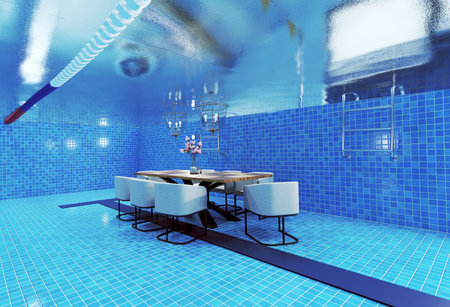 underwate living interior in the swiming pool. 3d creative concept illustration