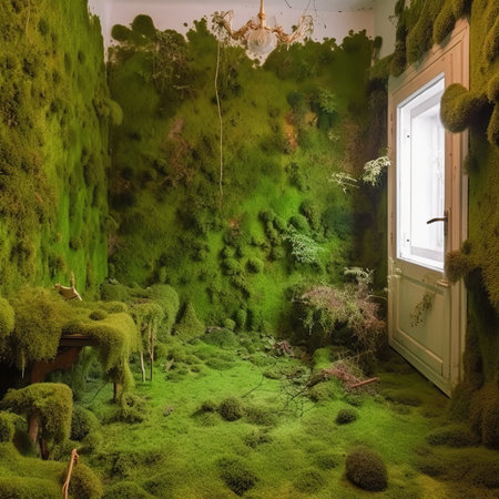 Interior of abandoned overgrown, house. AI Generationの素材