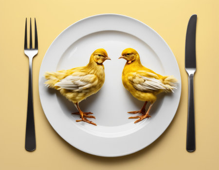 Conceptual breakfast with chickens. Still life generation AI.の素材