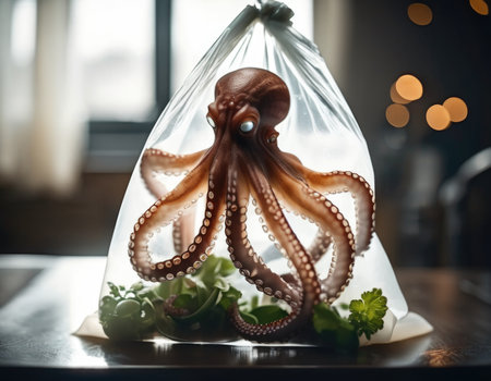 Octopus in a plastic bag. Natural environmental disaster. AI illustrationの素材