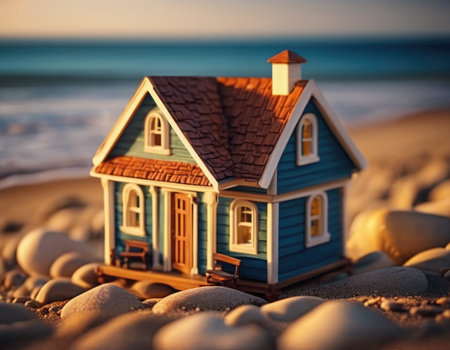 Miniature house on the sea coast. Travel concept. AI illustration.の素材