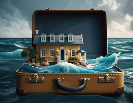 Suitcase with a house inside. Travel concept. AI illustration.の素材