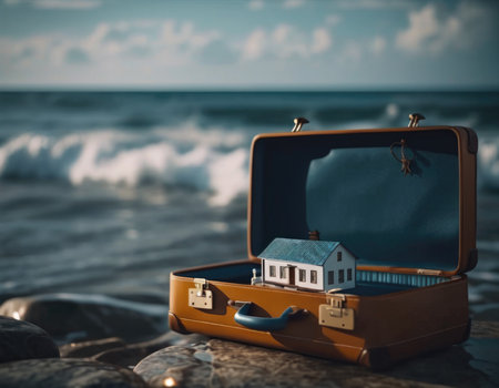 Suitcase with a house inside. Travel concept. AI illustration.の素材