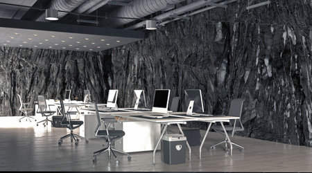 modern office interior with rock featureの写真素材