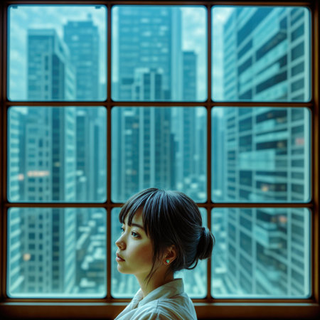 Asian woman looking through the window with cityscape in the background. AI generatedの素材