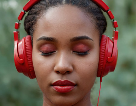A young woman listens to music with her eyes closed. AI generationの素材