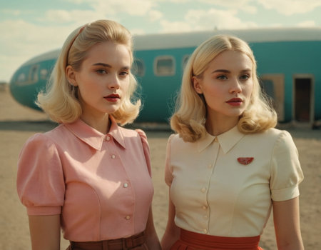 Retro image of two young women. AI generationの素材