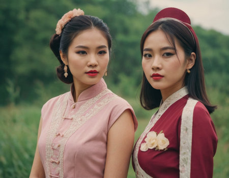 Retro image of two young Asian women. AI generationの素材