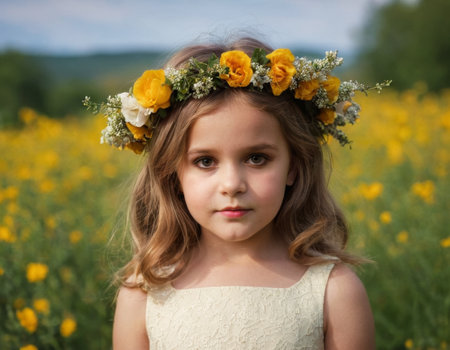A girl in a wreath against the background of a field of flowers. AI generationの素材