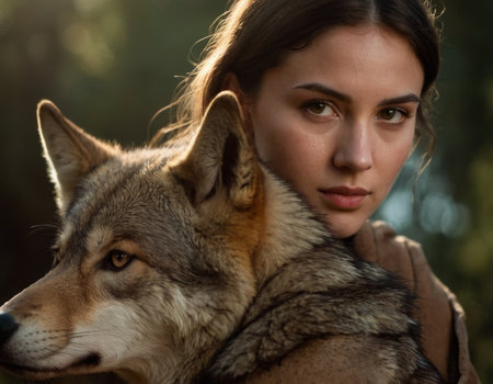 Portrait of a young woman with a dog in nature. AI generationの素材