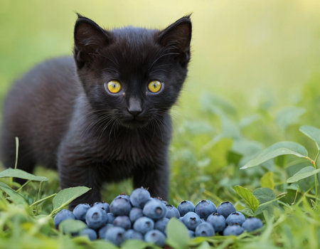 Image of a black kitten on the grass eating blueberries. Generation of AI.の素材