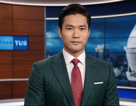 An image of an Asian daily news anchor in a television studio. AI generationの素材