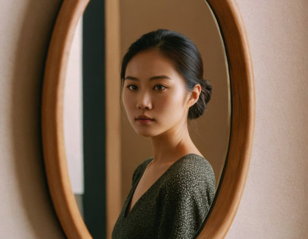 Image of a young Asian woman looking into an oval mirror. AI generationの素材