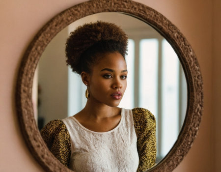 Image of a young African American woman looking into a round mirror. AI generationの素材