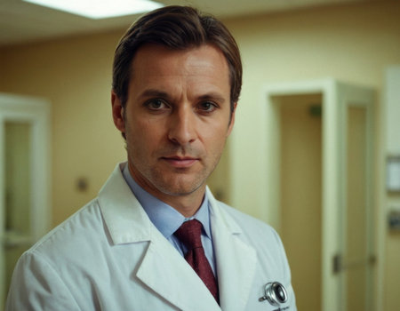 Portrait of a male doctor in a white coat. Generation of AI.の素材