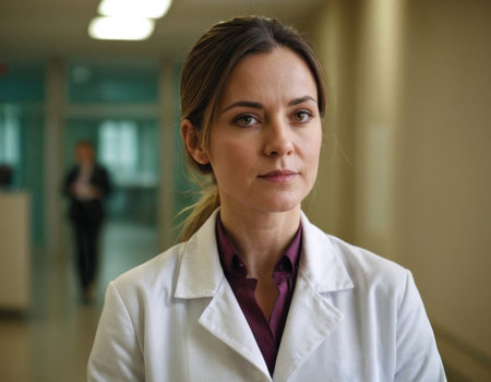 Female doctor in work clothes in the hospital. AI generationの素材