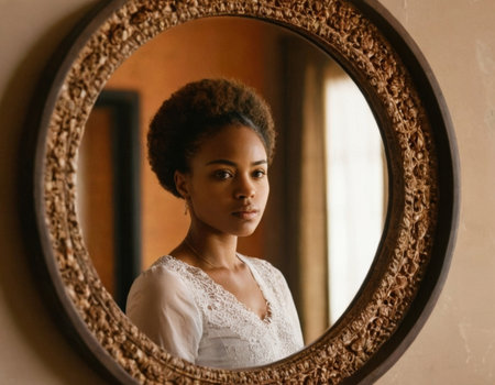 Image of a young African American woman looking into a round mirror. AI generationの素材