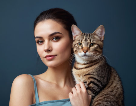 Image of a young woman with a domestic cat on her shoulder. AI generationの素材