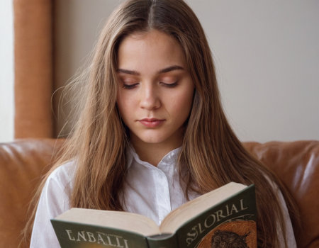 A young girl is reading a book. AI generationの素材
