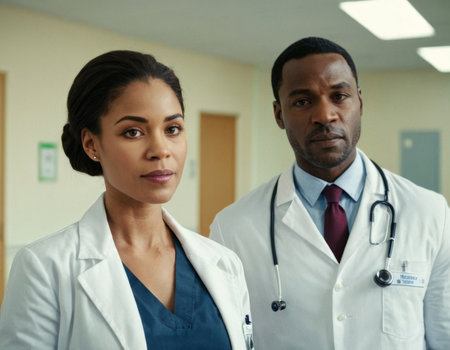 Image of African American male and female doctors in a hospital interior. AI generationの素材