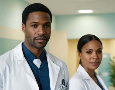 Image of African American male and female doctors in a hospital interior. AI generationの素材