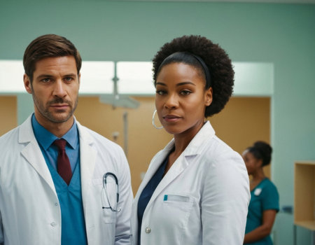 Image of African American male and female doctors in a hospital interior. AI generationの素材