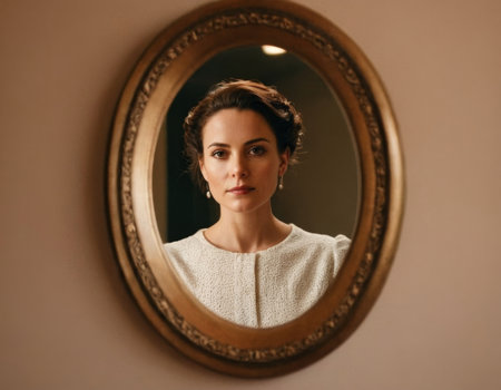 Image of a young woman looking into an oval mirror. AI generationの素材