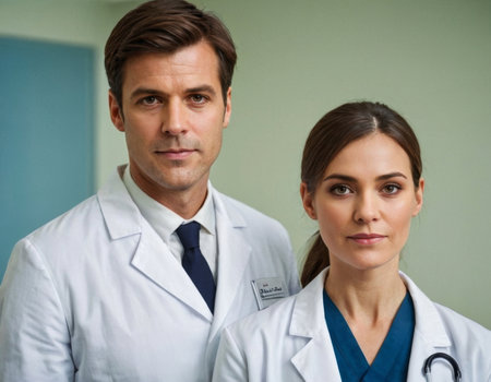 Image of male and female doctors in hospital interior. AI generationの素材