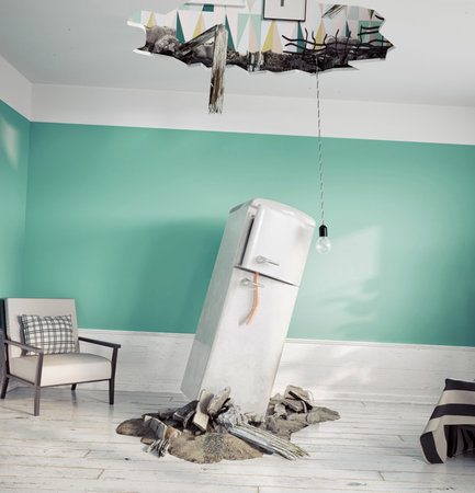 broken ceiling and falling refrigeratorの写真素材
